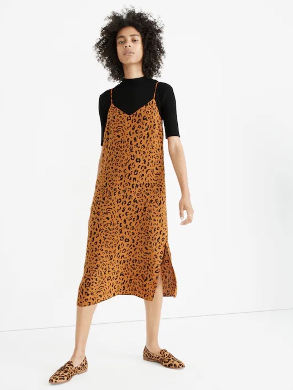 Madewell Silk Eva Side-Slit Slip Dress in Leopard